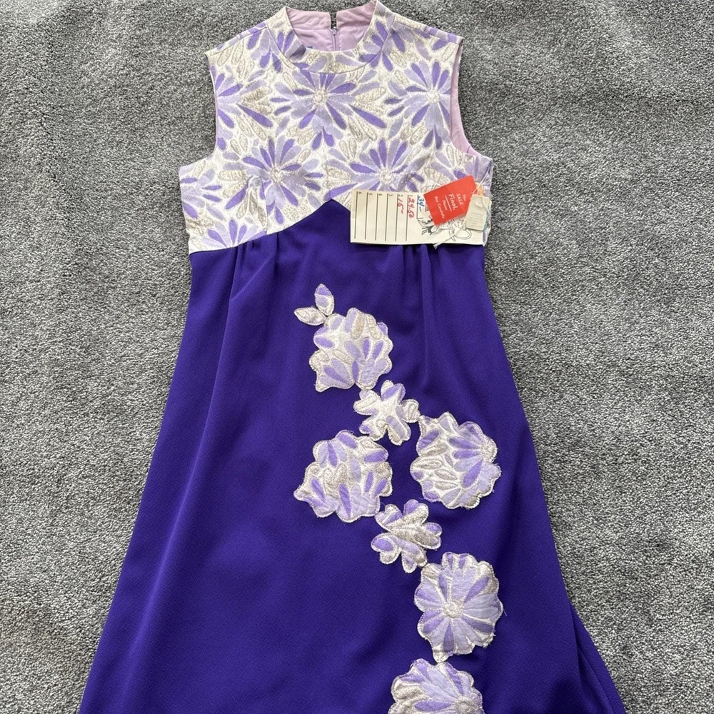VTG Womens M 50s 60s Prom Rockabilly Dress Acetate Purple Floral Sheath Flare - Picture 1 of 13